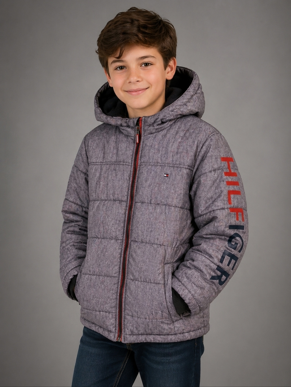 Tommy Hilfiger Fleece Lined Hooded Puffer Jacket Gray. Boys Size 12/14.
